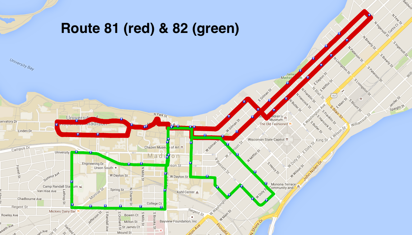  Bus route 81 (red) & 82 (green) with labeled bus stops. The map size is roughly 1.5 mile × 2 mile.